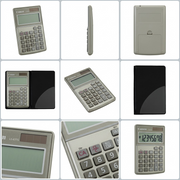 Grid showing the Canon LS-63TG handheld calculator from various angles including with its case.