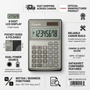 Canon LS-63TG handheld calculator infographic highlighting 8-digit LCD and Canada-wide shipping.