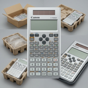 Canon F-792SGA scientific calculator in protective shipping box with molded pulp tray packaging.