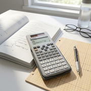 Canon F-792SGA scientific calculator on a desk with a calculus textbook, graph paper, and glasses.