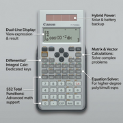 Canon F-792SGA scientific calculator feature graphic showing solar power and 648 math functions.