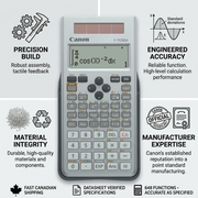 Trust infographic for Canon F-792SGA calculator highlighting 648 functions and precision build.