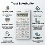 Trust infographic for Canon F-605G Scientific Calculator highlighting design, build, and shipping.