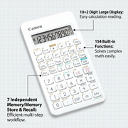 White Canon F-605G scientific calculator with callouts for 154 functions and 10+2 digit display.