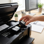 A close-up shot of a small Canon PG-243 black ink cartridge being inserted into a home printer.