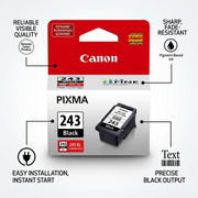 Feature infographic for Canon PG-243 black ink showing key benefits with concise text and icons.