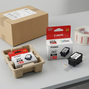 A side-by-side view showing the Canon PG-243 black ink cartridge secure in custom packaging.