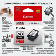 Infographic for Canon 243 ink detailing fit, build quality, and fast shipping.