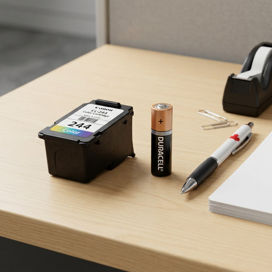 A Canon CL-244 cartridge shown next to standard AA battery for scale reference.