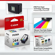 Product matrix with concise overlays pointing out key features of the Canon CL-244 Color Cartridge.