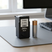 Alt text: Canon 260XL ink cartridge placed on a desk next to a standard AA battery for scale.