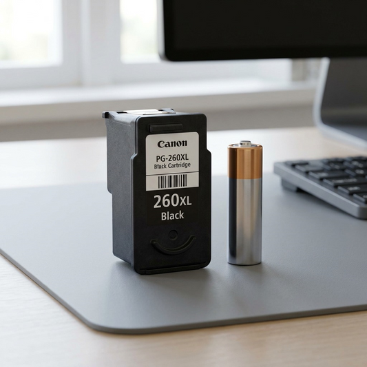 Alt text: Canon 260XL ink cartridge placed on a desk next to a standard AA battery for scale.