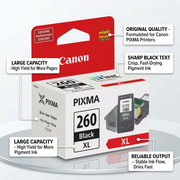 E-commerce visual callouts on a Canon PG-260XL ink cartridge, highlighting capacity and genuine quality.