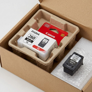 Alt text: Canon PG-260XL ink box in specialized shipping tray within a larger, secure delivery box.