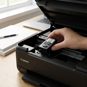 A Canon PG-260XL ink cartridge is shown, unboxed and installed inside an open Canon PIXMA TS5320 printer.
