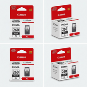 A visual matrix showing two Canon PG-260XL ink cartridges side-by-side: one straight-on (left) and one in a three-quarter view (right), on a plain grey background.