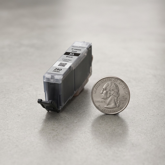 A photo of the PGI-280XL ink cartridge next to a US quarter for scale.