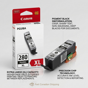 Canon PGI-280XL Black ink visual matrix illustrating operational features and customer benefits like high-yield and sharp text.