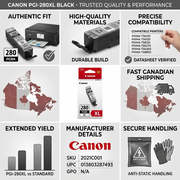 Trust and authority infographic showing a Canon PGI-280XL Black ink cartridge at the center, surrounded by trust icons and text.