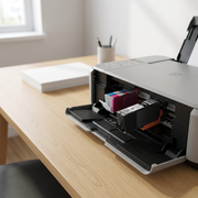 Photo of a Canon PGI-280XL ink cartridge installed in a home/office printer on a desk.