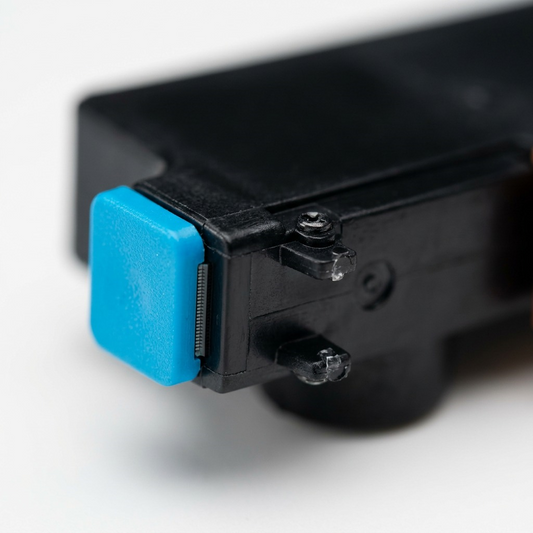 A macro photograph of the Canon CLI-281XL Cyan ink cartridge nozzle with detailed micro-channels and a distinct orange cap feature.