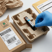 A Canon CLI-281XL Cyan ink cartridge is shown securely nestled and cushioned within a sturdy protective corrugated shipping tray.