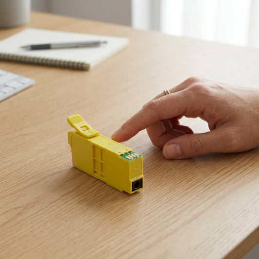 PDP visual matrix image showing the Canon CLI-281XL Yellow ink cartridge beside an standard adult's hand for size reference.