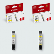 A 2x2 grid matrix showing four different angles of the Canon CLI-281XL Yellow ink cartridge SKU 2036C001, highlighting its packaging and design without text on the image.