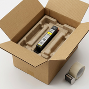 A macro photo shows a single Canon CLI-281XL Yellow ink cartridge, still in its sealed foil wrapper, protected within a heavy-duty air-cushioned mailer, emphasizing secure shipping.