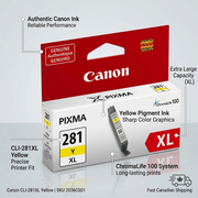 Ecommerce image for Canon CLI-281XL Yellow, detailing key operational features with concise callouts.