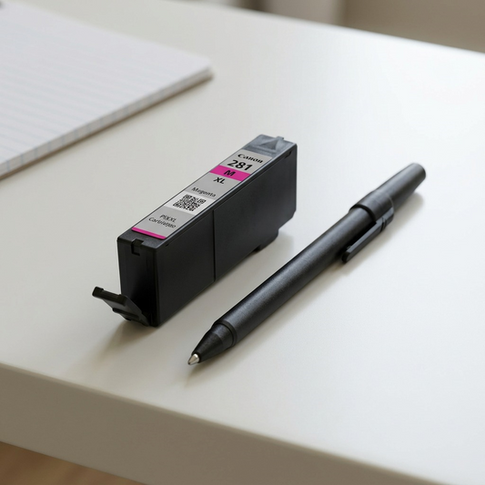 A photo of the Canon 281XL Magenta ink cartridge next to a standard ballpoint pen for scale.