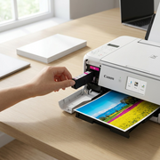 A single Canon CLI-281XL Magenta ink cartridge is realistically placed next to a matching printed sheet and a modern PIXMA printer.