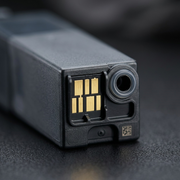 Extreme close-up macro photograph of a Canon CLI-281XL Black ink cartridge, showing precise electrical contacts on the bottom.