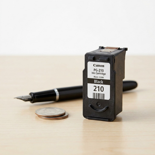 Canon PG-210 black ink cartridge, precise scale with a standard black fountain pen and two stacked quarters, upright and in focus on a clean desk. Accurate size reference visual.