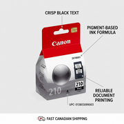 A professional diagram showcasing key operational features of the Canon PG-210 black ink cartridge, high-lighting crisp text, pigment ink formula, reliable document printing, and the unique UPC. Fast Canadian shipping is also noted.
