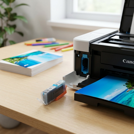 Canon CLI-281 Cyan ink tank and a vibrant photo print by a modern white printer.
