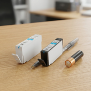 A photographic comparison showing a Canon CLI-281C cyan ink cartridge next to a common pen and AA battery on a desk.