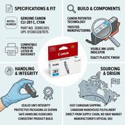 A trust and authority visual matrix for Canon CLI-281 Cyan ink, showing product specifications and fast Canadian shipping.