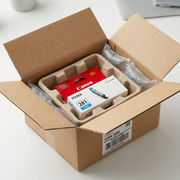 An open delivery box reveals the Canon CLI-281 Cyan ink cartridge, securely nestled in protective padding.