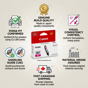 A trust infographic for Canon CLI-281 magenta ink package SKU 2089C001, highlighting compatibility and build quality.