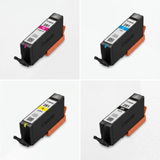 A clean product matrix displaying the Canon CLI-281 Magenta ink cartridge along with its Cyan, Yellow, and Black variants in separate, well-lit grid boxes. Each cell features a sharp, 3/4 front view of the specific color cartridge, shown as a physical product rather than its packaging, for direct comparison. The background is a crisp white.