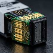 An extreme macro photograph detailing the precise gold contacts and nozzle interface of a Canon PGI-280 black ink cartridge against a dark, tech-focused background, emphasizing its complex engineering.