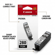 Canon PGI-280 Black ink cartridge features callout graphic with factual benefit descriptions.