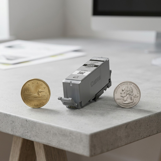 PGI-280XXL ink cartridge scale reference next to a Canadian loonie and US quarter coins.