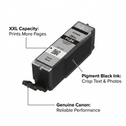 Canon PGI-280XXL ink cartridge on white background with calls to PGBK ink, XXL capacity, reliable, crisp.