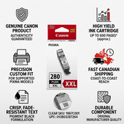Trust infographic for Canon PGI-280XXL ink, detailing product facts, quality, and fast shipping.