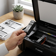 An open office desk, Canon PIXMA printer with its top open, a PGI-280XXL ink cartridge held above its black slot.