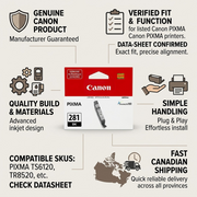 A clean ecommerce infographic for the Canon 281 Black ink tank, featuring icons showing genuine quality, compatibility, and fast Canadian delivery.