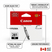 A feature infographic of the Canon CLI-281 Black cartridge detailing its text quality, photo longevity, efficiency, and chip technology.