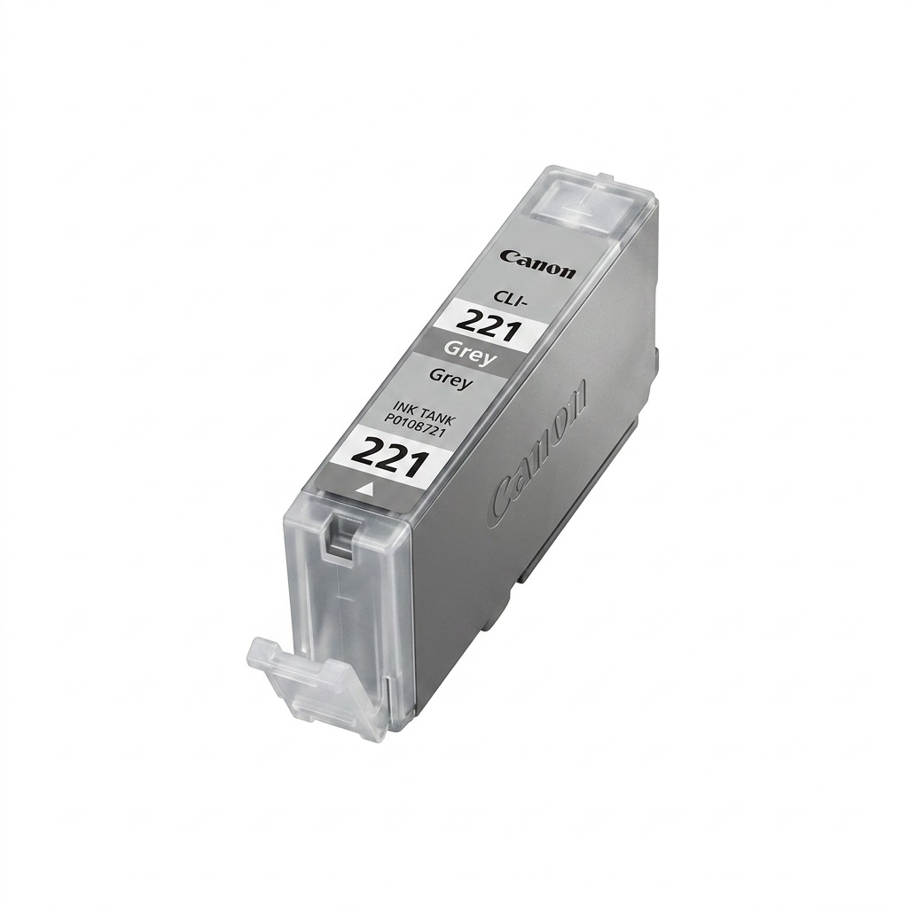 A high-resolution, centered photograph of a single Canon CLI-221 grey ink tank against a pure white background with a subtle, soft shadow.